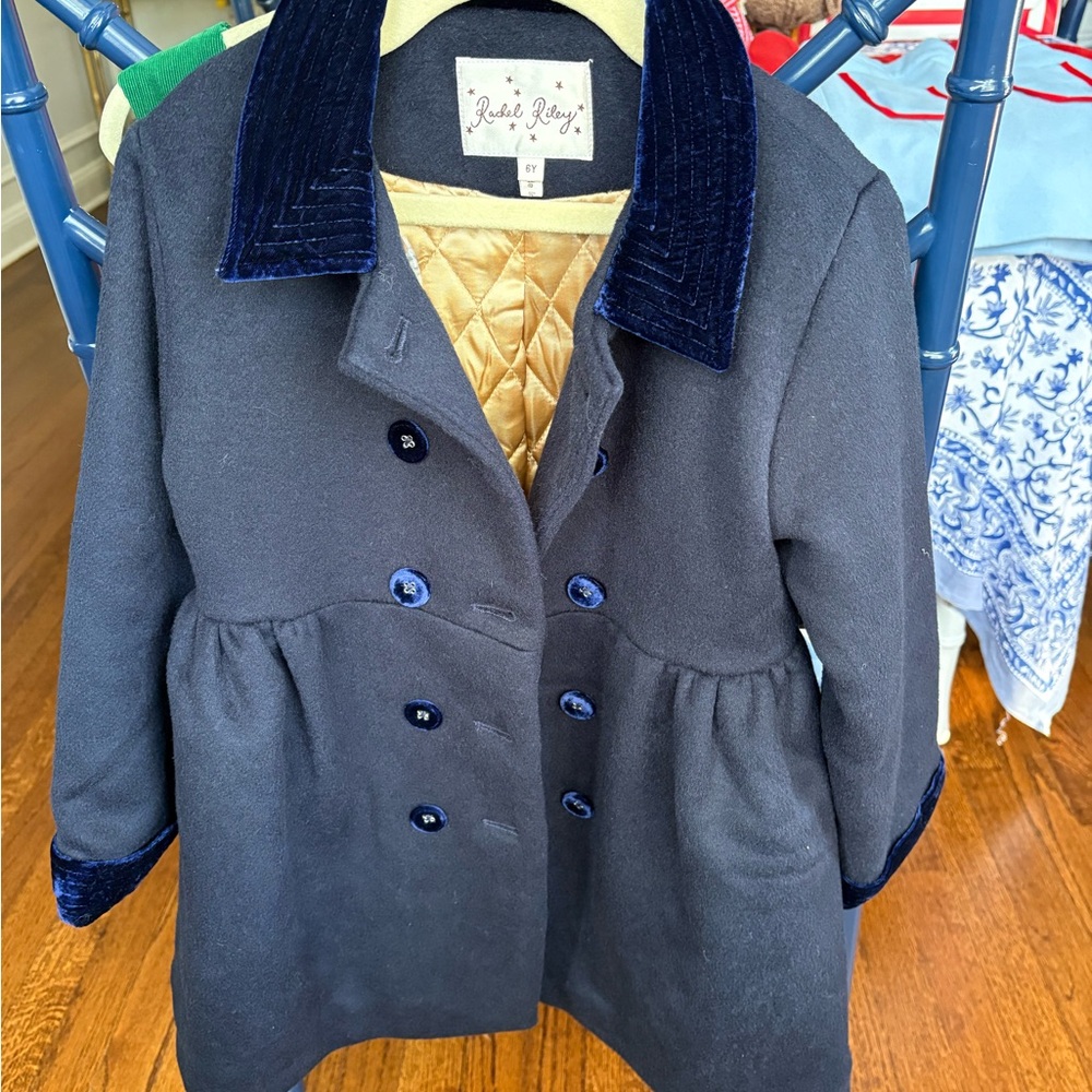 Rachel Riley Midnight Blue Velvet Trim Girls Dress Coat